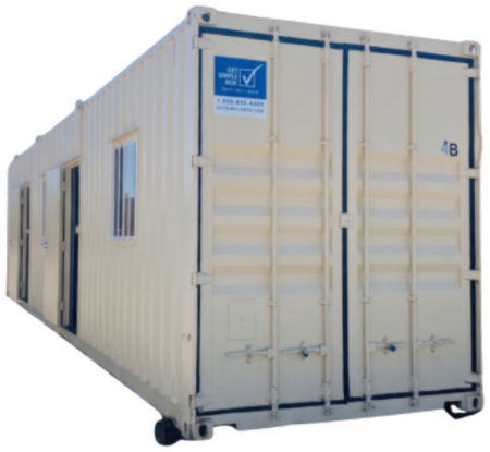 Tan 40-foot container office with a window and side door