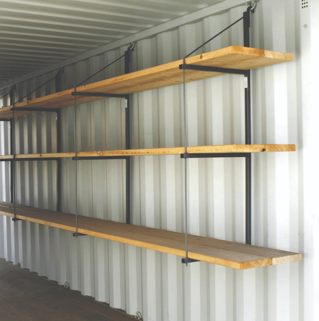 Shelves in modified shipping container