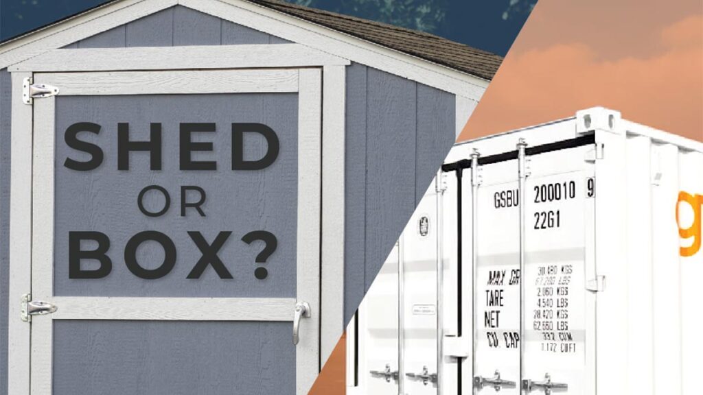 Comparison of a shed and a shipping container with the text "Shed or Box?".