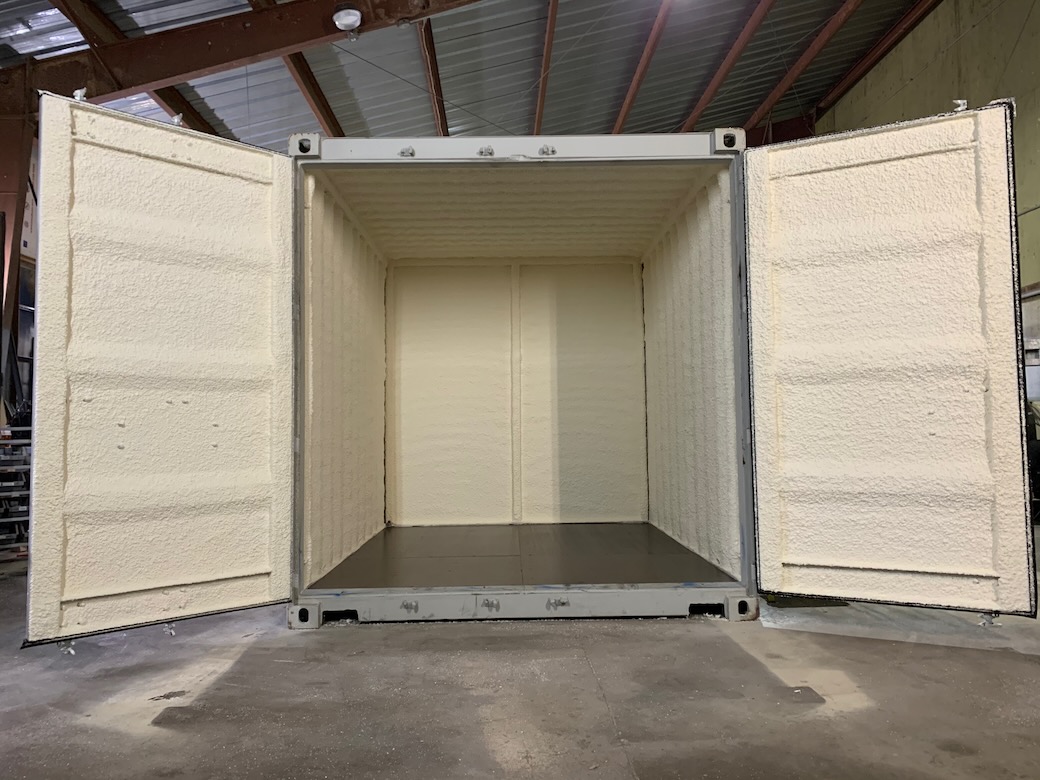 20 foot shipping container modified with spray foam insulation