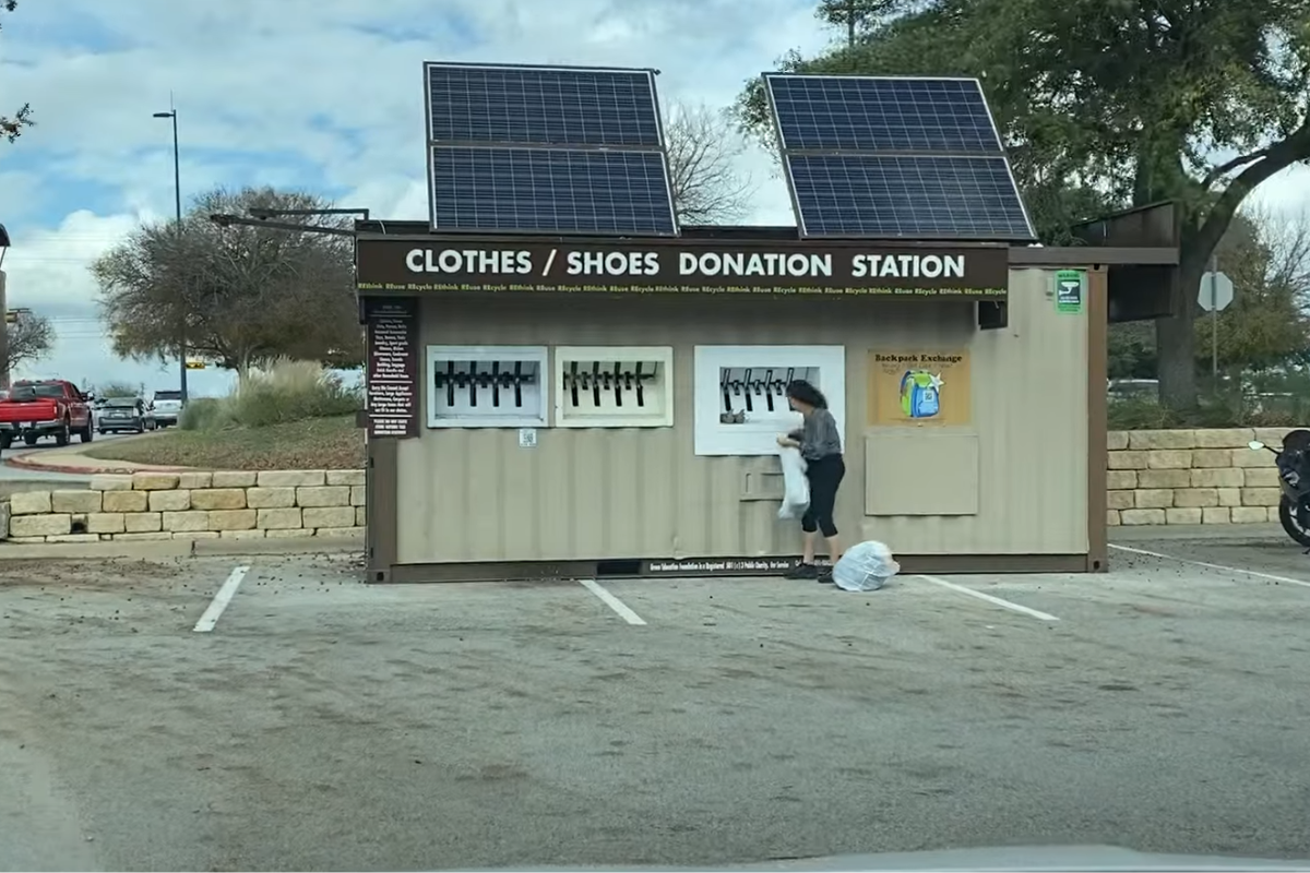 Portable storage container transformed into a donation station for clothing, shoes, and community outreach at a church