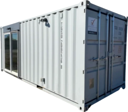 White 20-foot container office with a sliding glass door