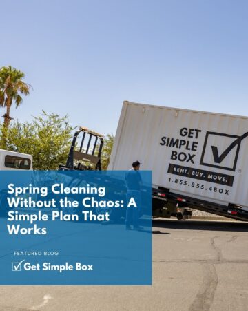 A Get Simple Box tilt-bed truck delivering a 20ft shipping container rental to a residential driveway for a full-home spring cleaning project
