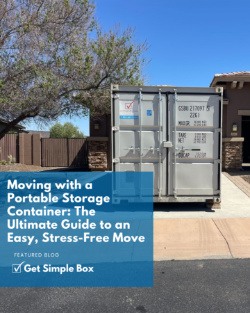A clean moving storage box sitting flat at ground level on a residential driveway, showing easy walk-in access with no steep ramps