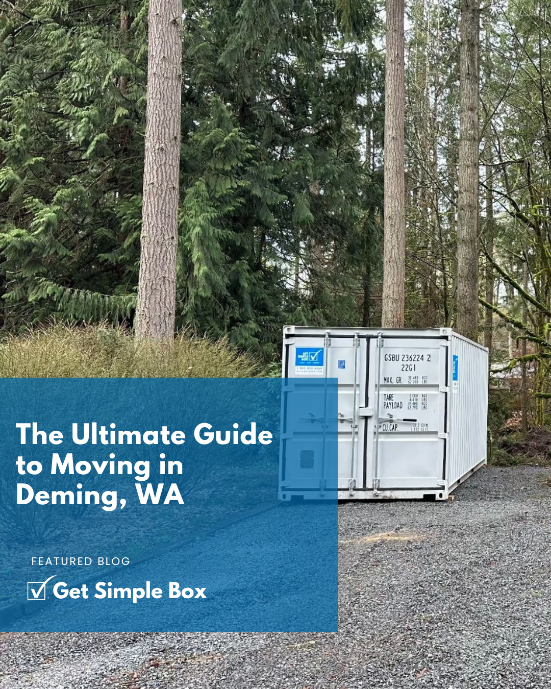 A clean moving storage container sitting flat on a gravel country driveway surrounded by trees, offering easy walk-in access