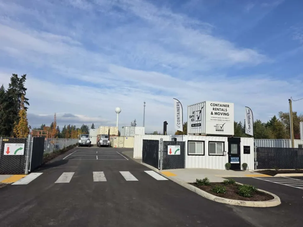 Get Simple Box container yard entrance with trucks and storage containers