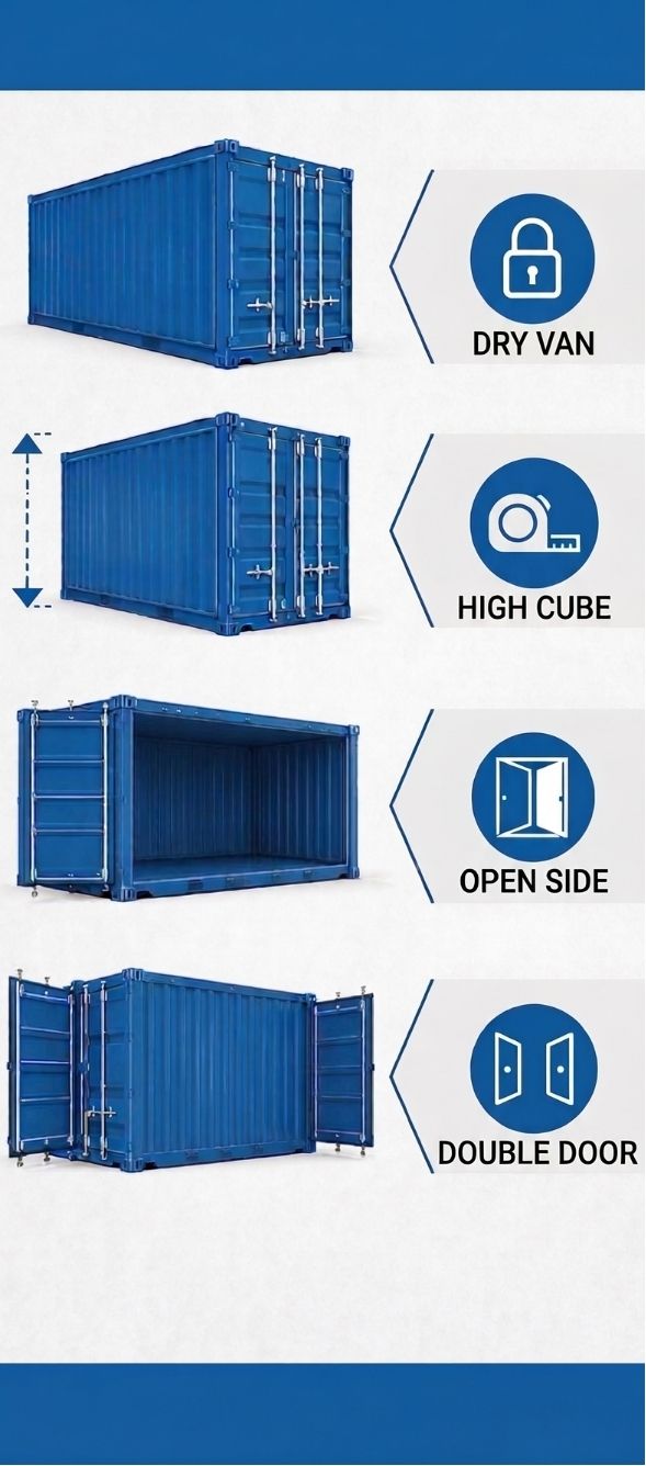 Glossary chart of container types: dry van, high cube, open side, and double door