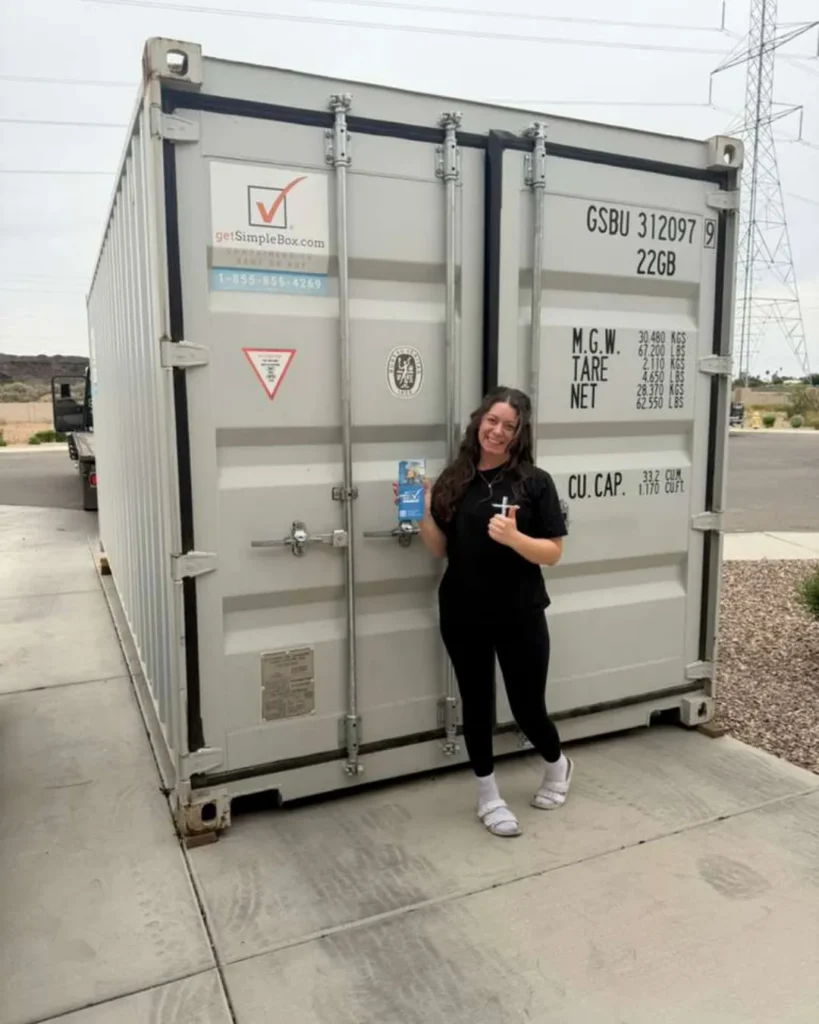 Customer standing outside a white Get Simple Box storage container