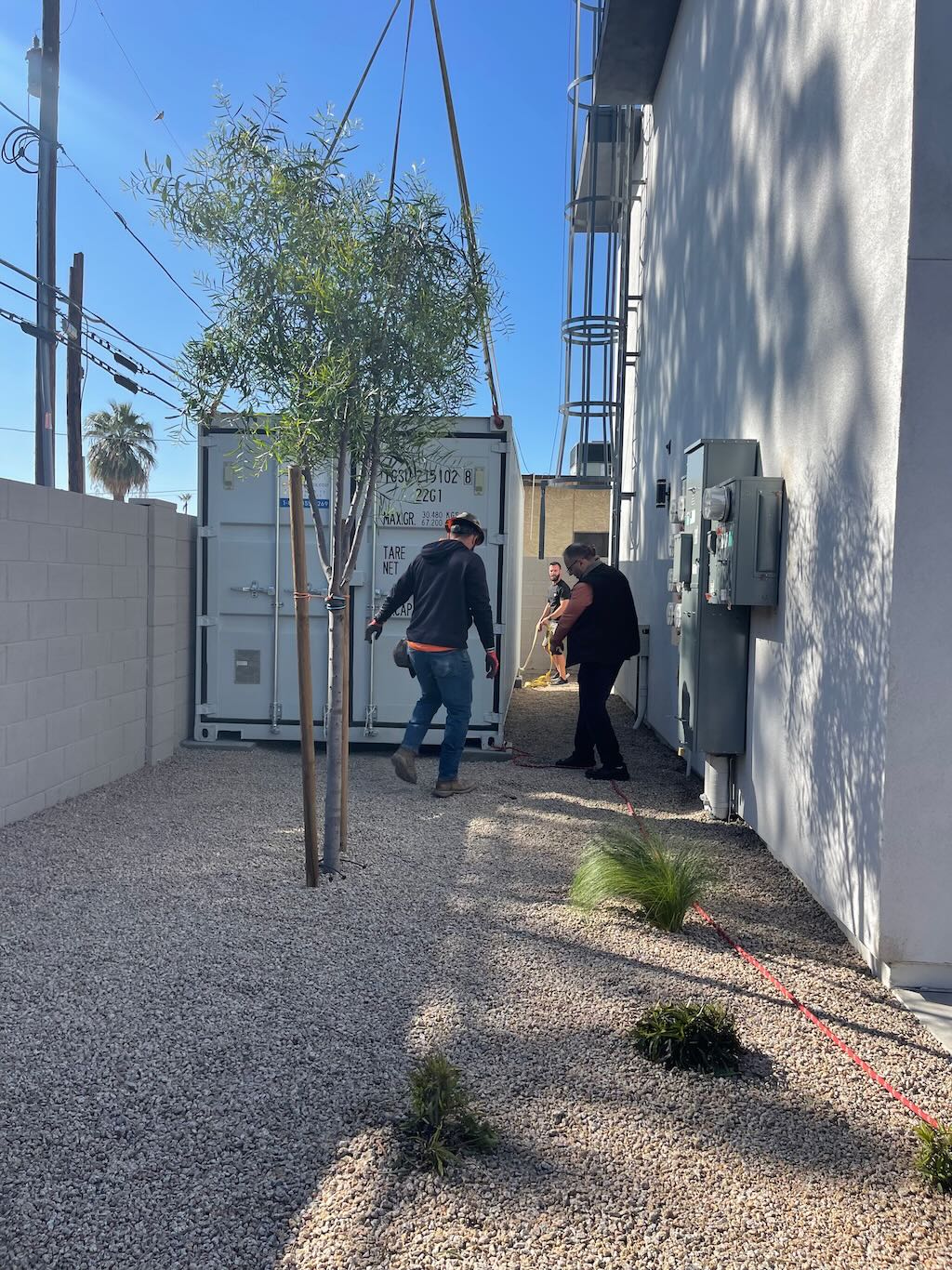 Shipping container delivery and placement in La Quinta, Riverside County