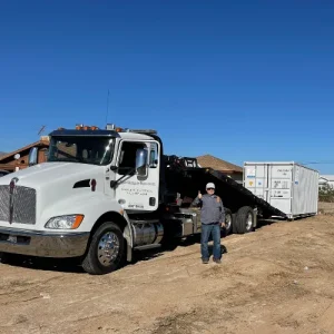 Get Simple Box delivery truck unloading a storage container