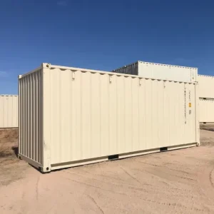 White storage containers stacked in a container yard