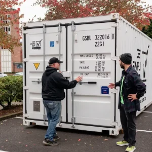 Get Simple Box team reviewing a white storage container